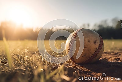 A baseball ball lies on the grass in the rays of the sun 1 Stock Photo