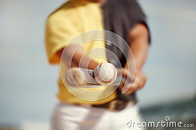 Baseball, baseball player and black man hit ball on field in match, game or competition. Fitness, sports and closeup of Stock Photo