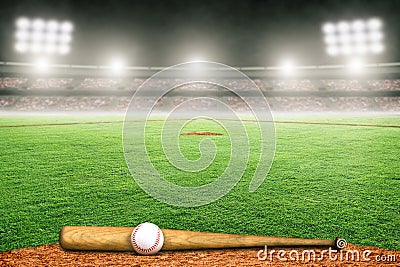 Baseball Bat and Ball on Field in Outdoor Stadium With Copy Space Stock Photo