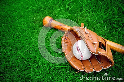 Baseball bat, ball and glove Stock Photo