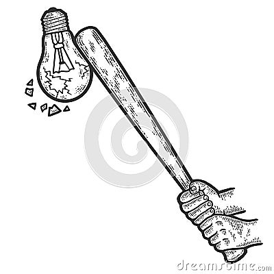 Baseball bat crash idea symbol, electric lamp. Sketch scratch board imitation. Vector Illustration