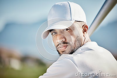 Baseball batter, portrait or face of man on field at competition, training match on stadium pitch. Softball exercise Stock Photo