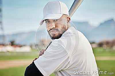 Baseball batter, portrait or face of man in a game competition, training match on stadium pitch. Softball exercise Stock Photo