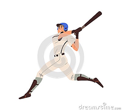 Baseball batter swinging with bat, hitting. Happy athlete hitter in helmet, uniform playing base ball. Professional Vector Illustration