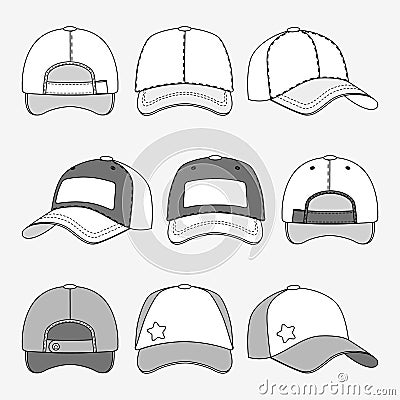 Baseball cap front back and side view outline vector template Vector Illustration