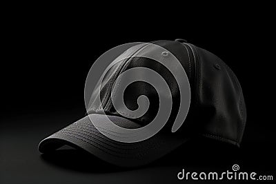 Ai Generative Baseball cap mockup on a black background. Side view. Close-up Stock Photo