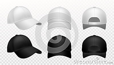 Baseball cap. Realistic black and white hat mockup, front side and back view sports headwear branding template Vector Illustration