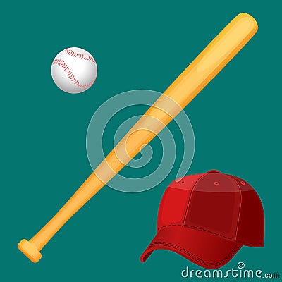 Baseball cap, wooden special bat and ball in realistic style Vector Illustration