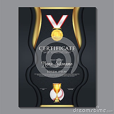 Baseball Certificate Design With Gold Cup Set Vector. baseball. Sports Award Template Vector Illustration