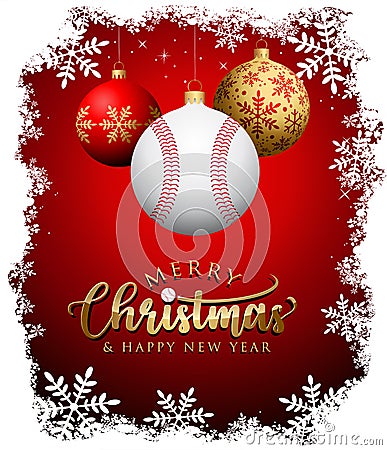 Baseball Christmas balls - Snow frame - Greeting Card Vector Illustration