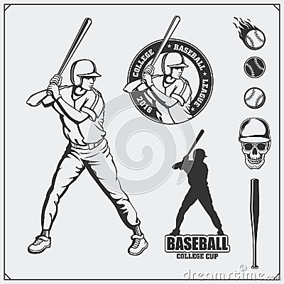 Baseball club emblems, labels and design elements. Baseball player, balls, helmets and bats. Baseball player, ball, helmet, glove Vector Illustration