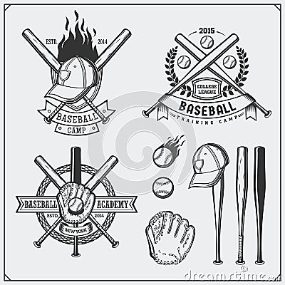 Baseball club emblems, labels and design elements. Baseball player, balls, helmets and bats. Baseball player, ball, helmet, glove Vector Illustration