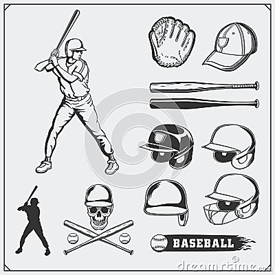 Baseball club emblems, labels and design elements. Baseball player, balls, helmets and bats. Baseball player, helmet, glove. Vector Illustration