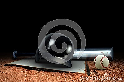 Baseball Equipment and Base on the Field Stock Photo