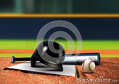 Baseball equipment on base Stock Photo