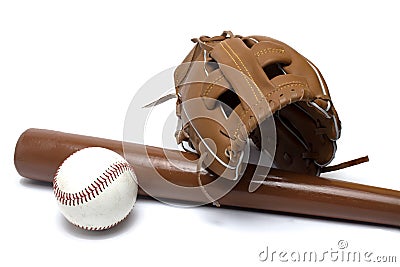 baseball equipment glove ball bat white background Stock Photo