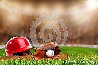 Baseball Equipment on Grass With Copy Space Stock Photo