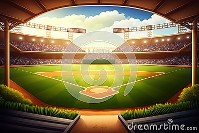 Baseball field illustration. Generative AI. Cartoon Illustration