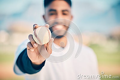 Baseball field, portrait and pitcher holding ball on match or game day on a sports ground or pitch feeling happy. Sport Stock Photo