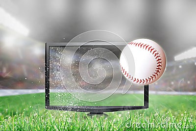 Baseball Flying Out of TV Screen in Stadium Stock Photo