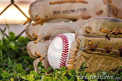 Baseball game mitt and ball Stock Photo