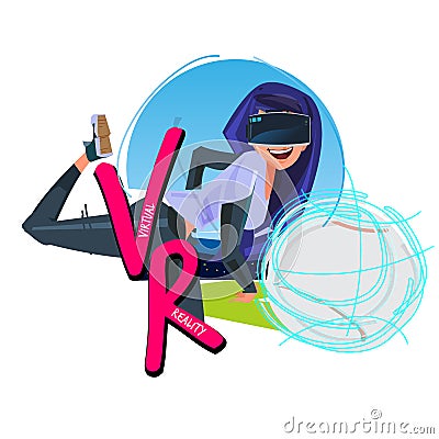 Baseball girl trowing ball with Virtual Reality headset. Virtua Vector Illustration