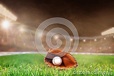 Outdoor Baseball Stadium With Glove and Ball, and Copy Space Stock Photo