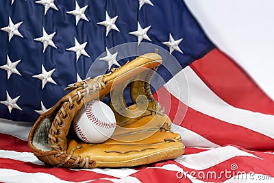 Baseball Glove, Ball & USA Flag Stock Photo