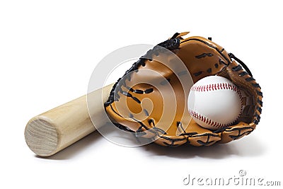 baseball glove, bat and ball Stock Photo