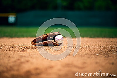 Baseball glove on pitchers mound Stock Photo