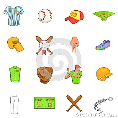 Baseball icons set, cartoon style Vector Illustration