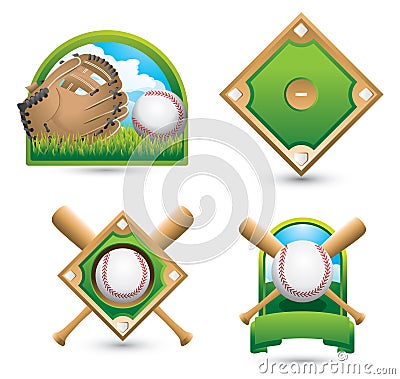 Baseball icons and symbols on white backdrop Vector Illustration