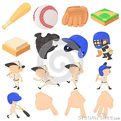 Baseball items icons set, cartoon style Vector Illustration
