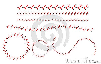 Baseball laces set. Red baseball seam brushes.Lace from a baseball on a white background. Vector Illustration