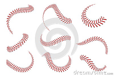 Baseball laces set. Baseball stitches with red threads. Sports graphic elements and seamless brushes Vector Illustration
