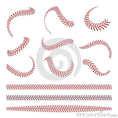 Baseball laces set. Baseball stitches with red threads. Sports graphic elements and seamless brushes Vector Illustration