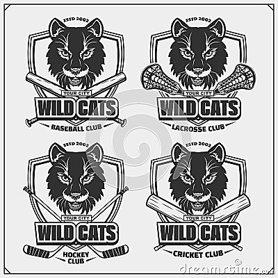 Baseball, lacrosse, cricket and hockey logos and labels. Sport club emblems with wild cat. Print design for t-shirt. Vector Illustration