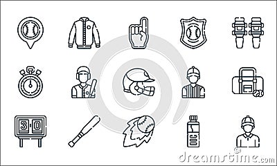 baseball line icons. linear set. quality vector line set such as coach, fireball, scoreboard, water bottle, baseball bat, Vector Illustration