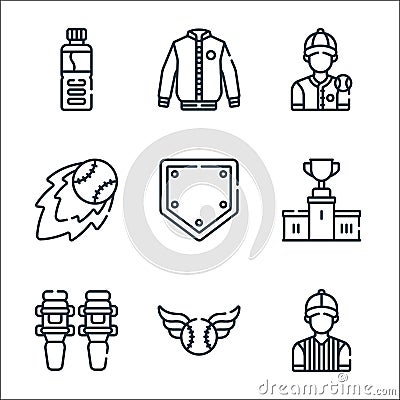 baseball line icons. linear set. quality vector line set such as referee, ball, knee pad, podium, base, fireball, baseball player Vector Illustration