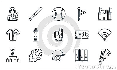 baseball line icons. linear set. quality vector line set such as shoes, helmet, league, locker room, fireball, baseball jersey, Vector Illustration