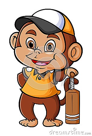 The baseball monkey player is holding the wooden bat Vector Illustration