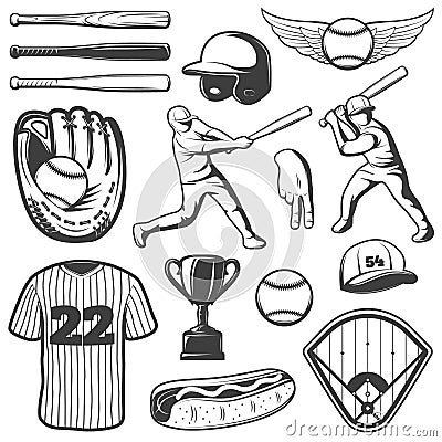 Baseball Monochrome Elements Set Vector Illustration