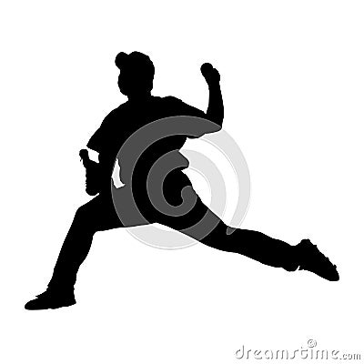 Baseball Pitcher silhouette, stretched forward to delivery a pitch from a rubber mound Stock Photo