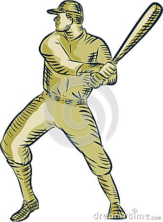 Baseball Player Batter Batting Bat Etching Vector Illustration