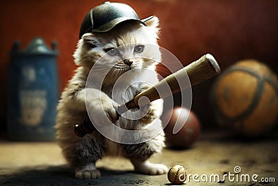 Baseball player cat. Generative AI. Stock Photo