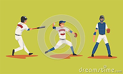 Baseball Player on Green Sport Field Playing Bat-and-ball Game Vector Set Vector Illustration