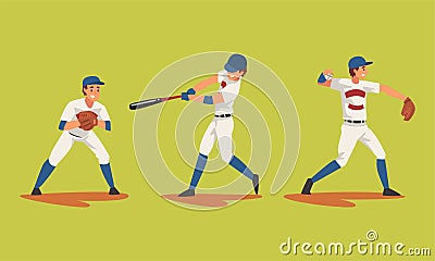Baseball Player on Green Sport Field Playing Bat-and-ball Game Vector Set Vector Illustration