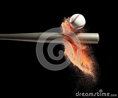 Baseball player hit ball with silver bat and sand soil explode in air. Baseball players in dynamic action hit ball smoke tail. Stock Photo