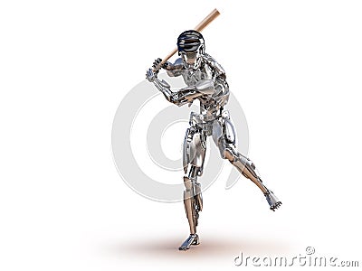 Baseball player robot. Human and cyborg robotic integration concept. Robotic technology 3D illustration Cartoon Illustration