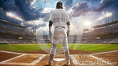 Baseball player standing ready in center of stadium, wide view for impactful banner advertising Stock Photo